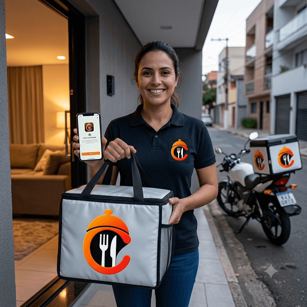 Entregadora com o pedido feito pela comi