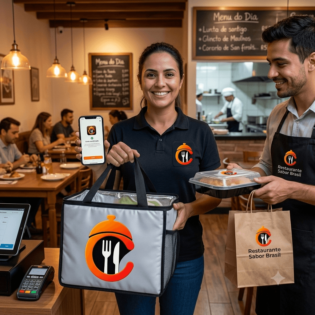 Atendimento no salão do restaurante com a comi